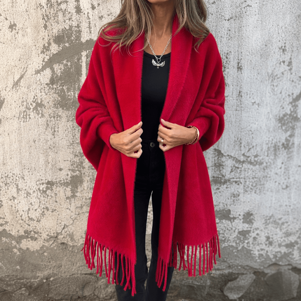 Fringe-Trim Draped Shawl Collar Open-Front Wool Winter Coat for Women