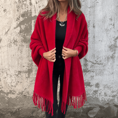 Fringe-Trim Draped Shawl Collar Open-Front Wool Winter Coat for Women