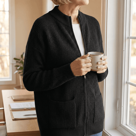 Covena Ribbed Zip-Up Knitted Cardigan with Pockets for Women