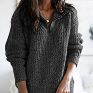 Women's Half-Zip Textured Knitted Jumper with Stand Collar