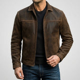 Carver Distressed Leather Puffer Jacket for Men with Classic Collar