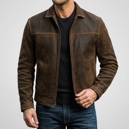 Carver Distressed Leather Puffer Jacket for Men with Classic Collar