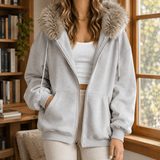 Ardith Oversized Fleece Hoodie with Fur-Trimmed Hood and Full-Length Zip