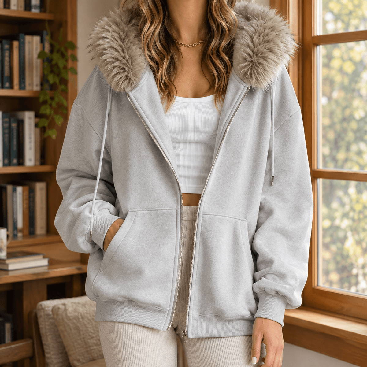Ardith Oversized Fleece Hoodie with Fur-Trimmed Hood and Full-Length Zip