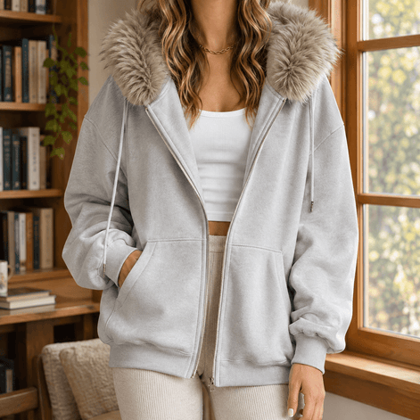 Ardith Oversized Fleece Hoodie with Fur-Trimmed Hood and Full-Length Zip