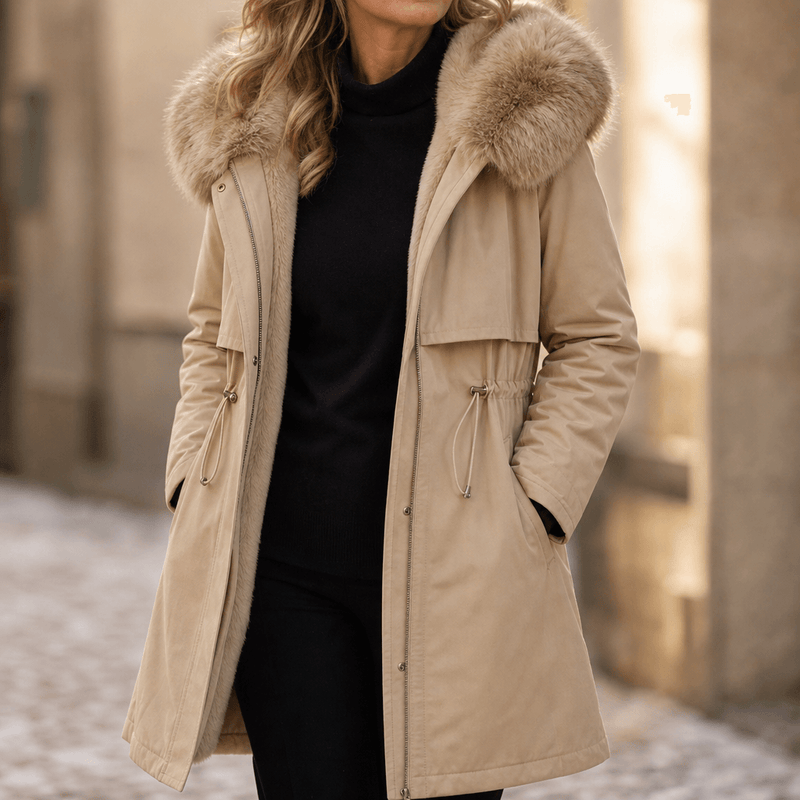 Women's Hooded Mid-Length Parka Coat with Faux-Fur Trim