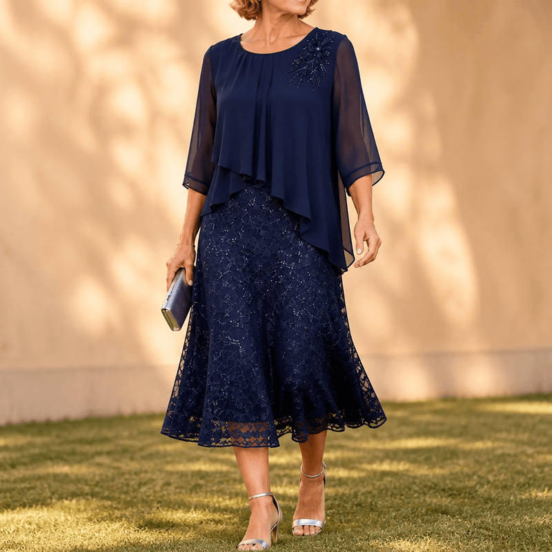 Elavine Sheer-Sleeve Floral Lace Overlay Chiffon Women's Midi Dress