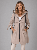Women's Hooded Longline Cotton-Blend Rain Jacket with Drawstring Waist