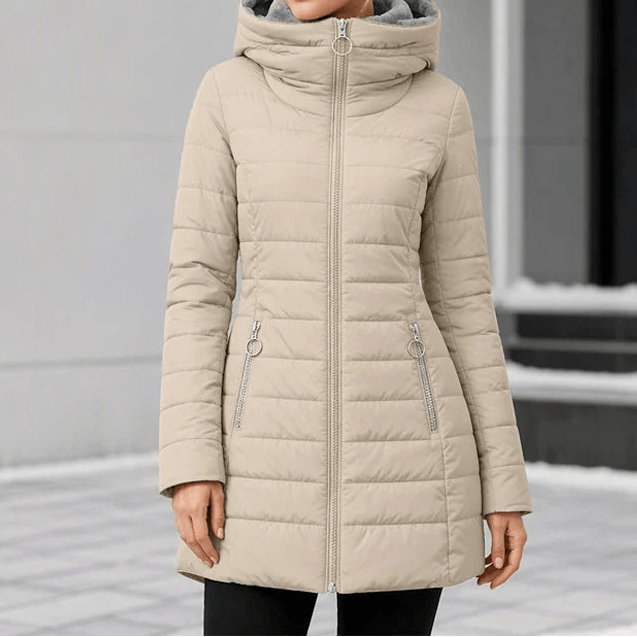 Women's Longline Quilted Puffer Jacket with Hood and Zip Pockets