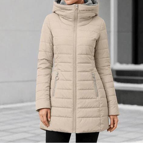 Women's Longline Quilted Puffer Jacket with Hood and Zip Pockets