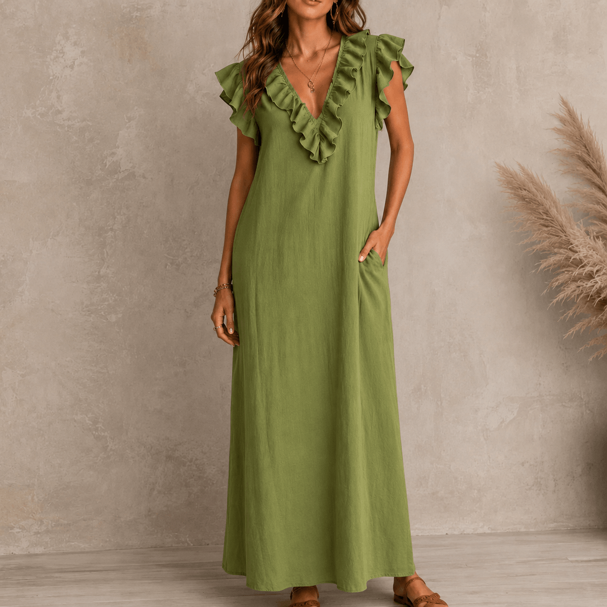 Ruffled V-Neck Maxi Dress with Hidden Pockets for Women