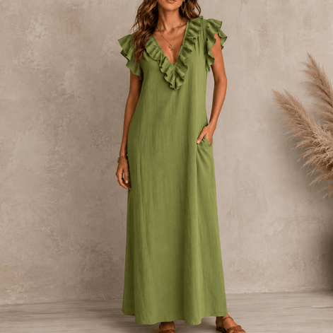 Ruffled V-Neck Maxi Dress with Hidden Pockets for Women