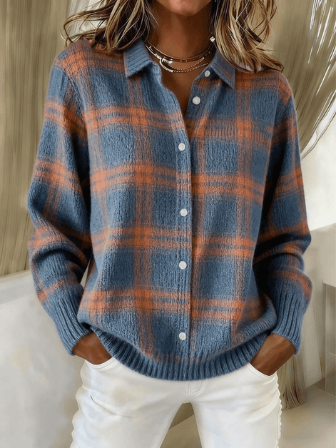 Esmeralda Plaid Cotton Flannel Button-Up Long Sleeve Blouse for Women