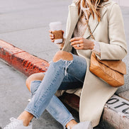 Women's Notch Lapel Double-Breasted Long Wool Winter Coat with Side Pockets