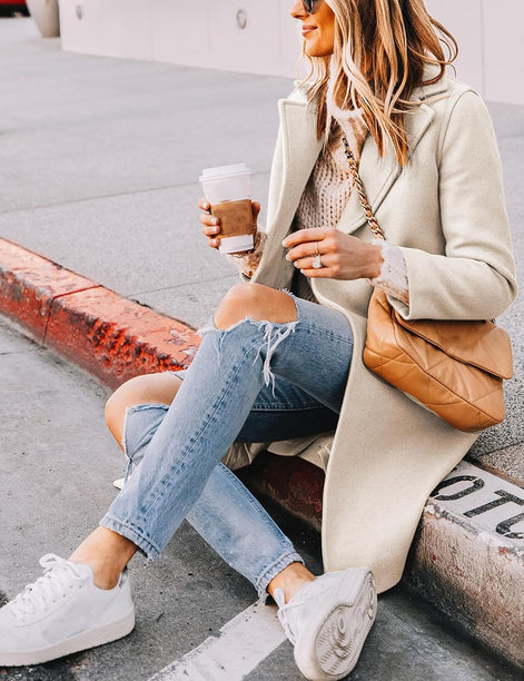 Women's Notch Lapel Double-Breasted Long Wool Winter Coat with Side Pockets
