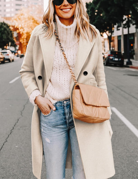 Women's Notch Lapel Double-Breasted Long Wool Winter Coat with Side Pockets