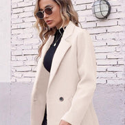Women's Notch Lapel Double-Breasted Long Wool Winter Coat with Side Pockets