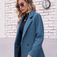 Women's Notch Lapel Double-Breasted Long Wool Winter Coat with Side Pockets