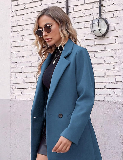 Women's Notch Lapel Double-Breasted Long Wool Winter Coat with Side Pockets