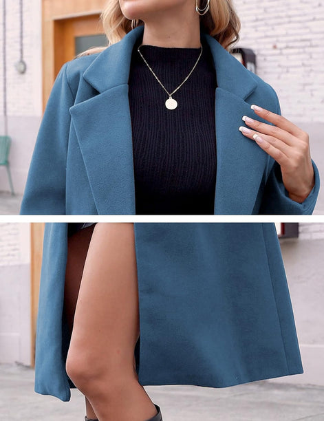 Women's Notch Lapel Double-Breasted Long Wool Winter Coat with Side Pockets