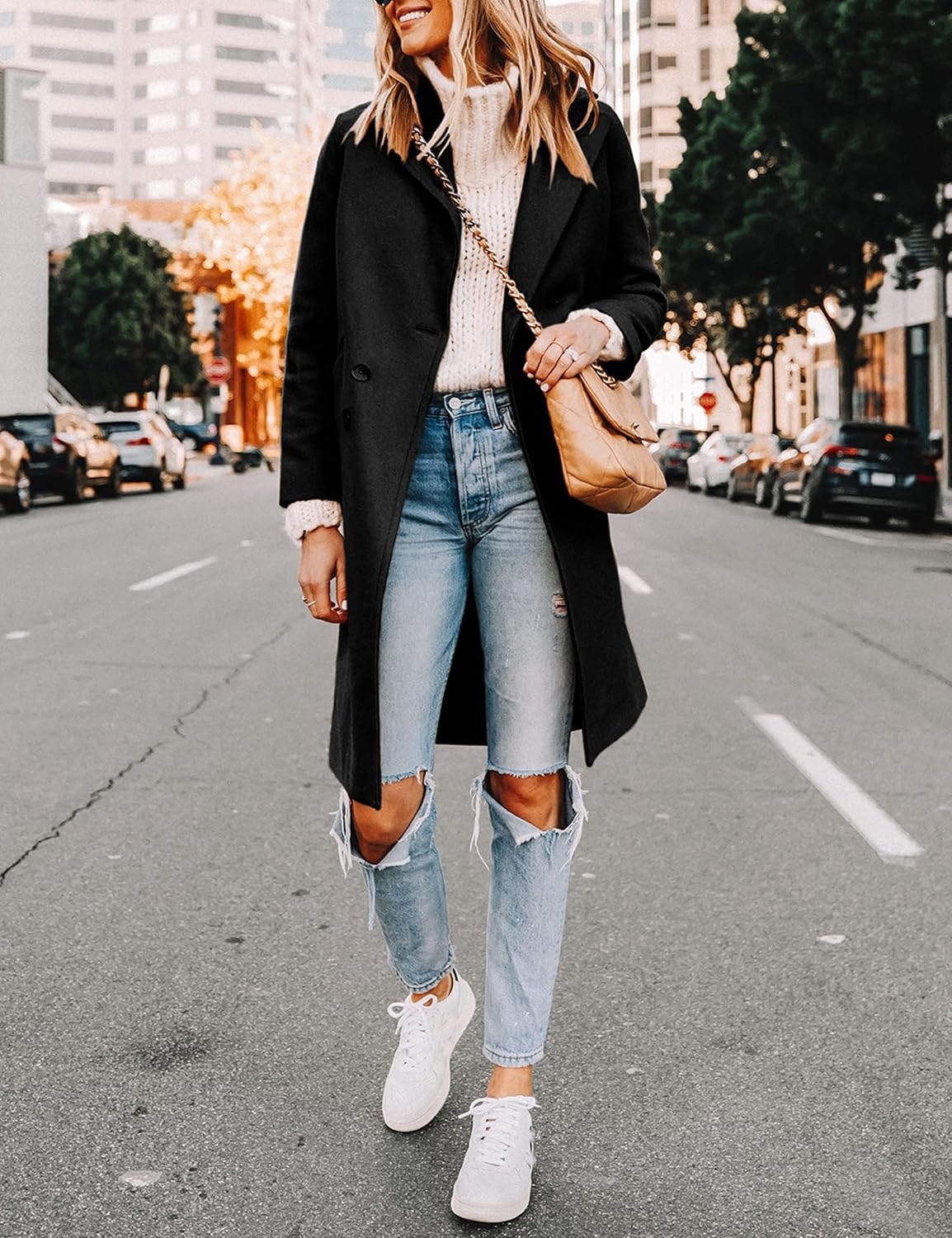 Women's Notch Lapel Double-Breasted Long Wool Winter Coat with Side Pockets