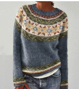 Dorothea Fair Isle Boat Neck Knit Jumper with Striped Trim