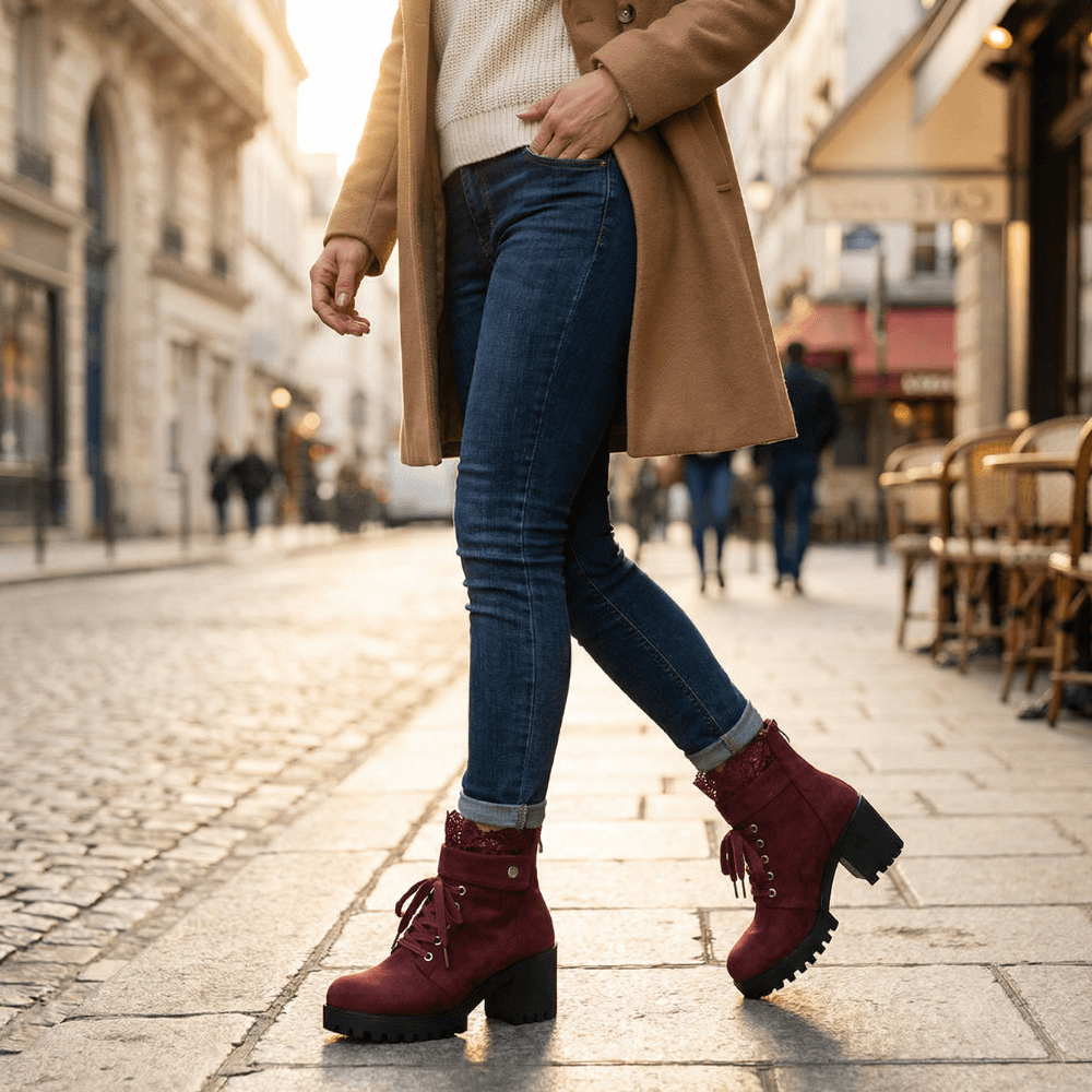 Lacelle Suede Women's Ankle Boots with Lace Trim and Chunky Block Heel