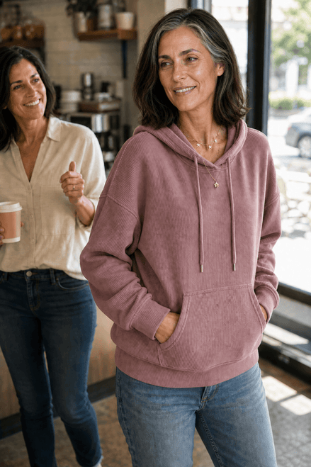 Ribbed Corduroy-Look Hoodie with Front Pocket for Women