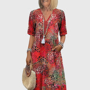 Bella Floral V-Neck Midi Dress with Pockets in Polyester