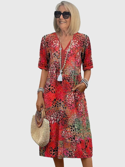 Bella Floral V-Neck Midi Dress with Pockets in Polyester