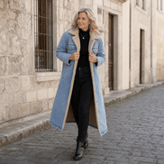 Denora Sherpa-Lined Full-Length Denim Coat with Lapel Collar
