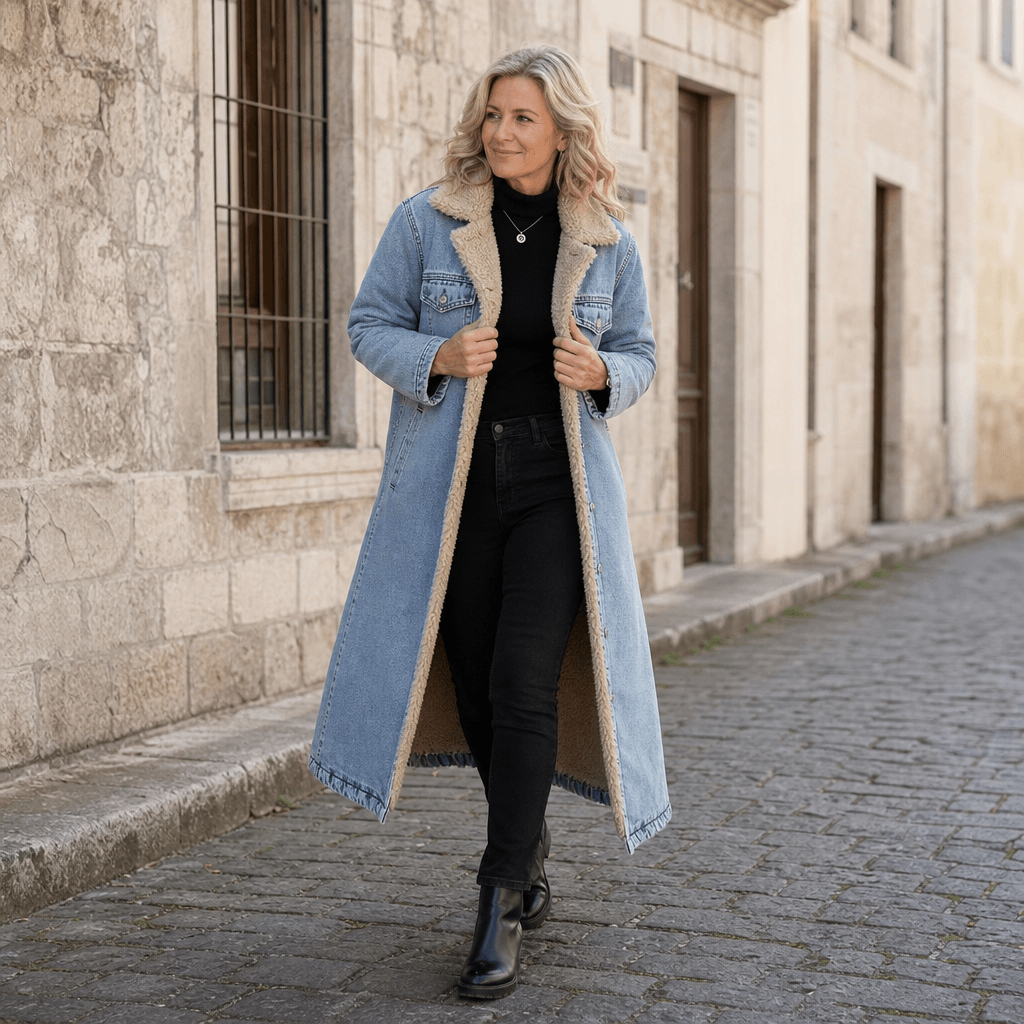 Denora Sherpa-Lined Full-Length Denim Coat with Lapel Collar