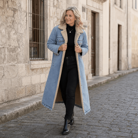 Denora Sherpa-Lined Full-Length Denim Coat with Lapel Collar