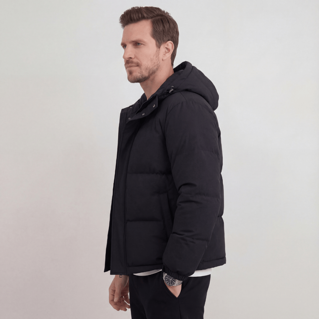 Men's Matte Polyester Puffer Jacket with Adjustable Hood