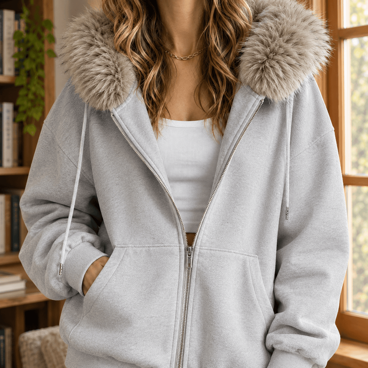 Ardith Oversized Fleece Hoodie with Fur-Trimmed Hood and Full-Length Zip