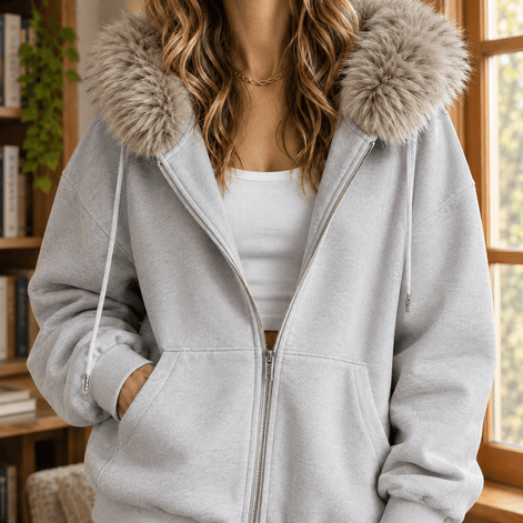 Ardith Oversized Fleece Hoodie with Fur-Trimmed Hood and Full-Length Zip