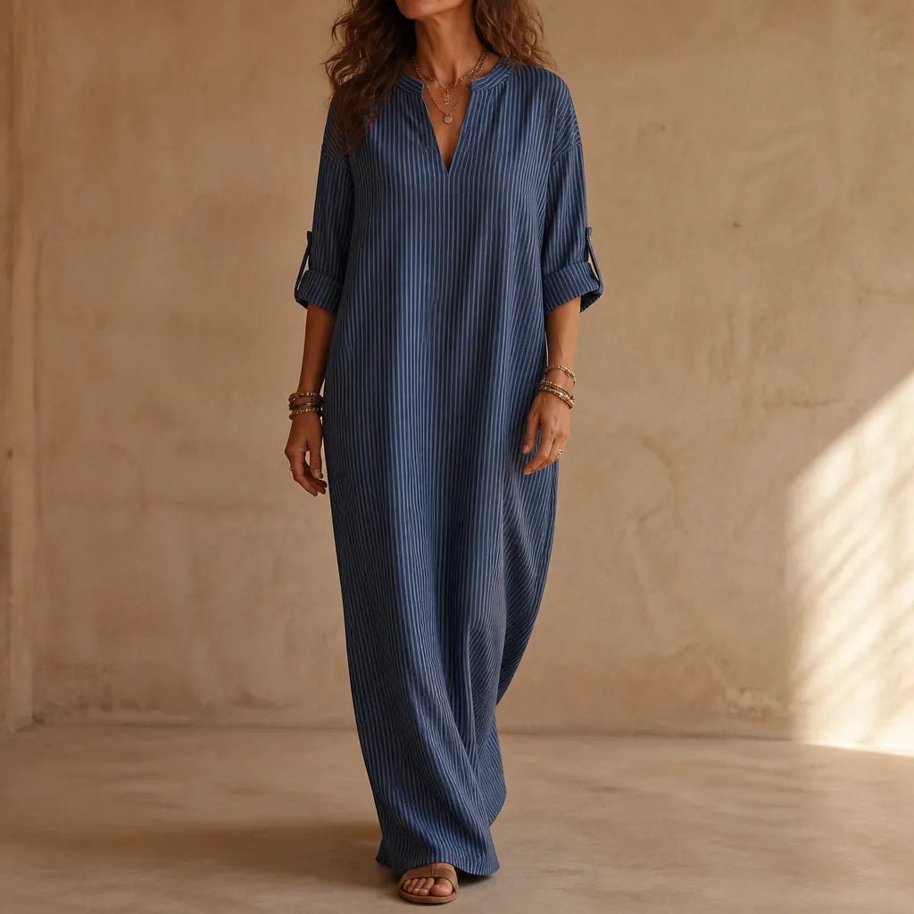 Vestara Striped V-Neck Maxi Dress with Pockets and Long Sleeves