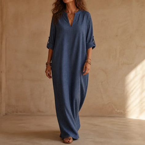 Vestara Striped V-Neck Maxi Dress with Pockets and Long Sleeves