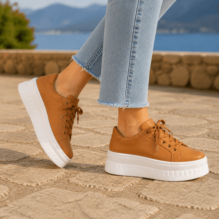 Women's Cushioned Faux Leather Sneakers with Platform Sole and Lace-Up Closure