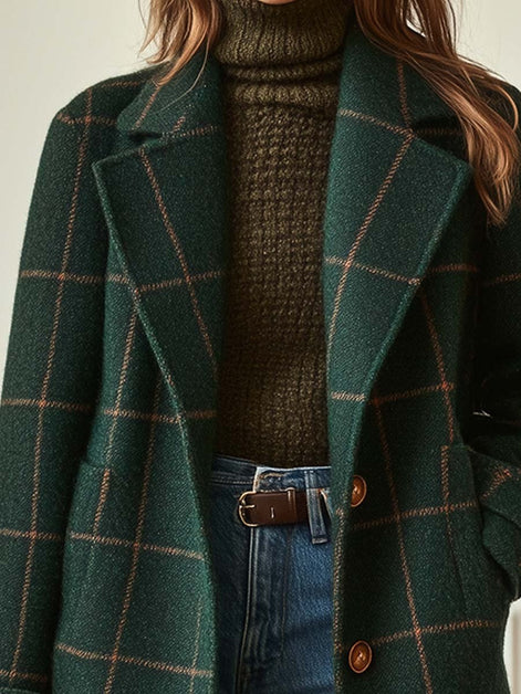 Women's Plaid Double-Breasted Mid-Length Winter Coat in Wool Blend