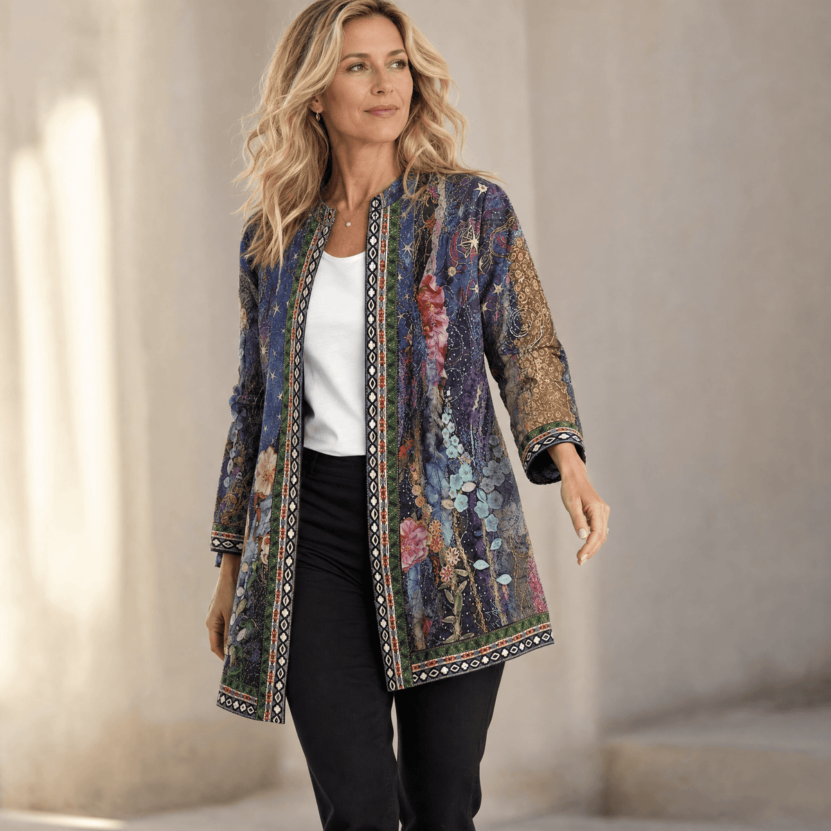 Patrice Art-Print Open-Front Jacket with Embellished Trim