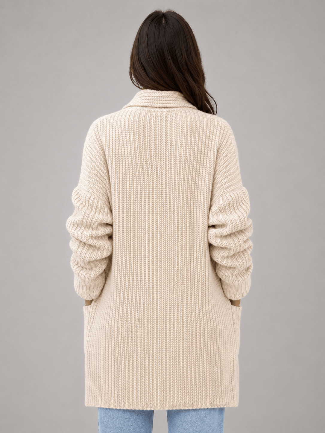 Longline Open-Front Knit Women's Cardigan with Shawl Collar and Pockets
