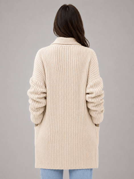 Longline Open-Front Knit Women's Cardigan with Shawl Collar and Pockets
