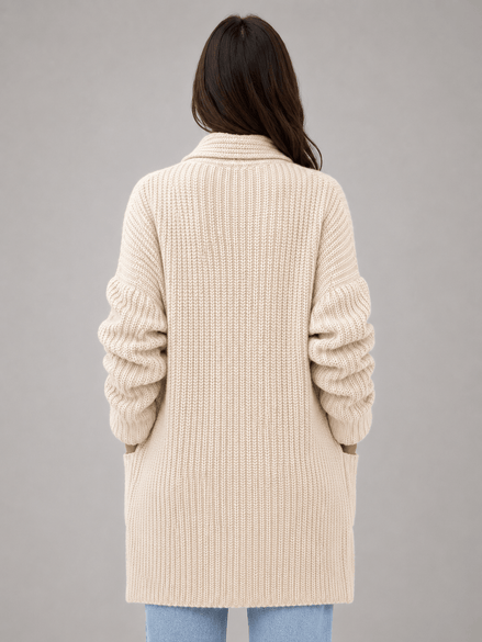 Longline Open-Front Knit Women's Cardigan with Shawl Collar and Pockets