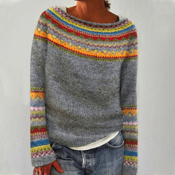 Fair Isle Pattern Knitted Jumper for Women with Round Neck