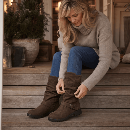 Wearbella Slouchy Mid-Calf Boots with Adjustable Buckle Strap for Women