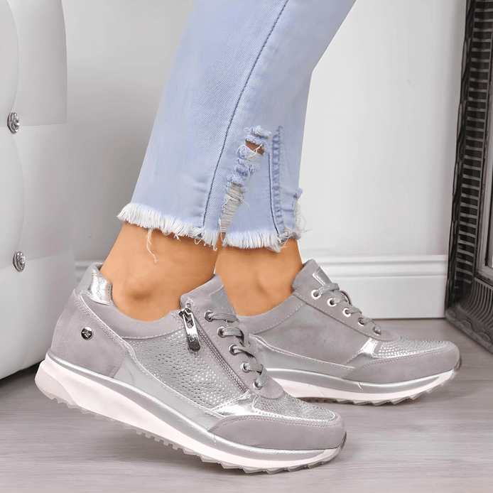 Women's Lightweight Cushioned Lace-Up Sneakers with Zip Detail