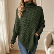 Women's Cable-Knit Turtleneck Poncho Jumper with Ribbed Trim