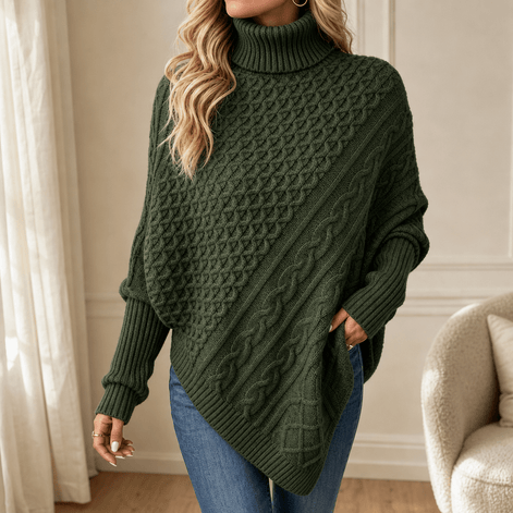 Women's Cable-Knit Turtleneck Poncho Jumper with Ribbed Trim