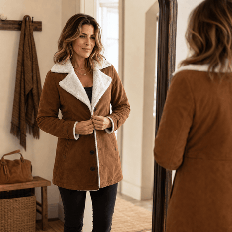 Sherpa-Lined Suede-Finish Lapel Jacket with Mid-Length Tailored Cut